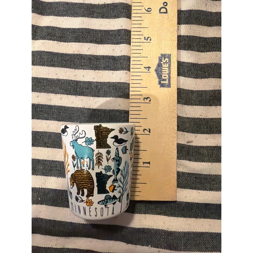 Minnesota Souvenir Shot Glass Ceramic Wildlife Moose Bear Fish Blue Interior